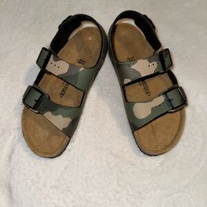 Never worn!  Camo Birkenstock sandals with back strap